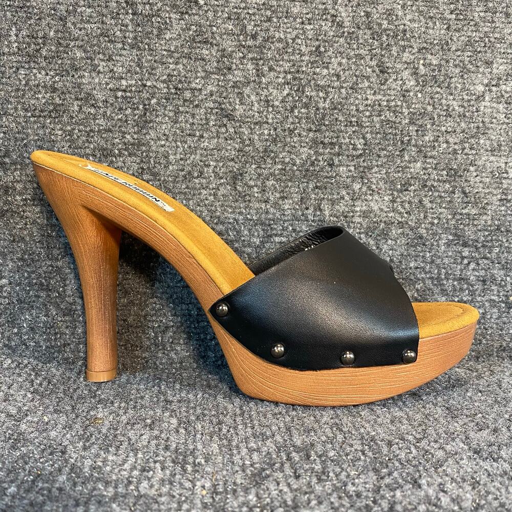 Cape Robbin Womens 8.5 Zhonya Faux Black Leather Clog Style Pump Faux Wood Heels